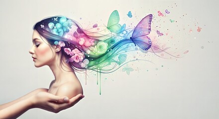 Ethereal woman with rainbow hair, flowers, and butterflies in profile view.
