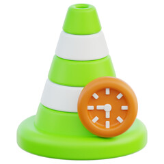 Green and white striped traffic cone with orange clock symbol on transparent background...