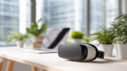 Virtual Reality Headset Resting on a Modern Office Desk Surrounded by Indoor Plants and Laptop