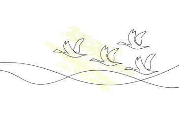 Minimalist single line drawing four birds flying over wavy lines nature animal