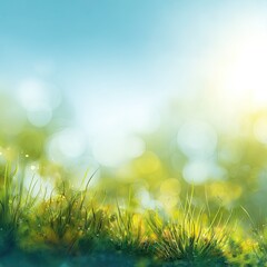 Fototapeta premium Sunny grass bokeh against a clear blue sky background