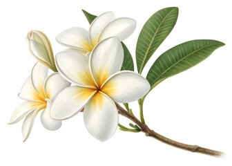 Fototapeta premium Pristine White Frangipani Plumeria Flower Bloom with Vibrant Yellow Center and Fresh Green Leaves Illustration
