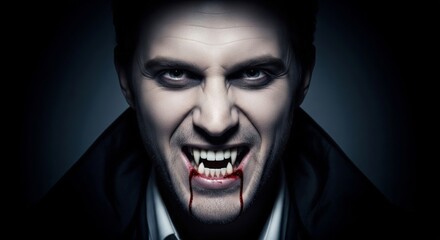Obraz premium Intense Vampire Portrait with Sharp Fangs Red Blood and Dark Cape