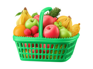 Colorful Assortment of Fresh Fruits in a Green Shopping Basket on Black