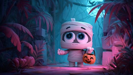 A cute mummy character in a spooky jungle setting, holding a jack-o'-lantern - Powered by Adobe