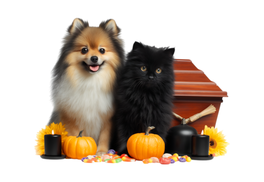 Adorable Pomeranian and mysterious black cat pose with Halloween decor, pumpkins, and candy.