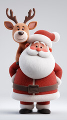 Fototapeta premium サンタクロースとトナカイが届けるクリスマスの贈り物と笑顔の瞬間、3D風アニメイラストで描かれる冬の夢と祝祭感、プレゼントボックスとツリーに囲まれたハートフルなホリデーシーン