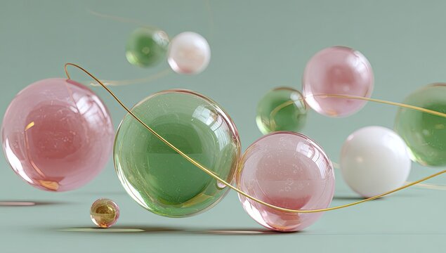 Translucent spheres and fine gold wire on light green background