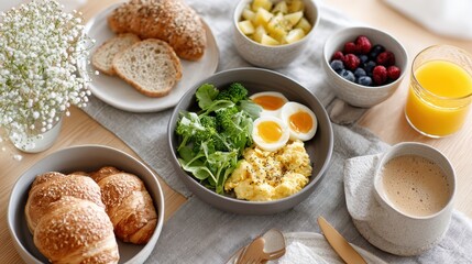 Nutritious Breakfast Spread Featuring Eggs, Fresh Greens, Fruits and Croissants on Table