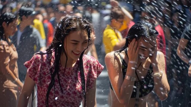 Thai songkran water fight, vibrant streets with people splashing water, laughter and joy under bright sunlight, cultural festival fun.