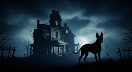 Silhouette of Dog in Grassy Field Near Old House at Night with Dramatic Cloudy Sky