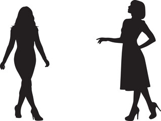 Silhouettes of two stylish women in fashionable dresses, showcasing elegant poses and confident strides on a white background