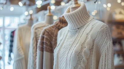 Obraz premium Luxury winter sweaters displayed on elegant white mannequins in high-end fashion boutique, soft cashmere and wool textures, neutral winter colors