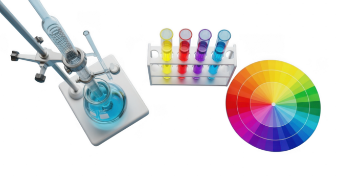 Laboratory glassware and color chart with liquid samples isolated on transparent background