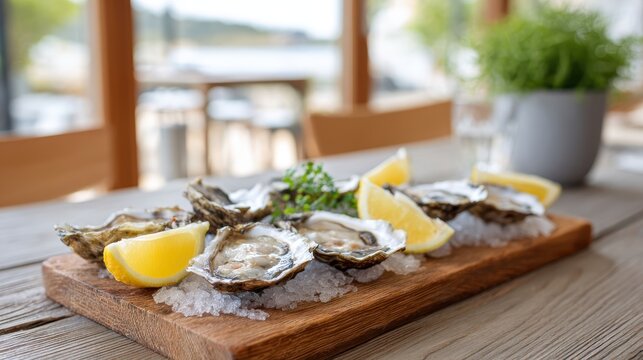 Fresh Oysters Served on Ice with Lemon Wedges and Garnish on Wooden Platter in Restaurant Setting