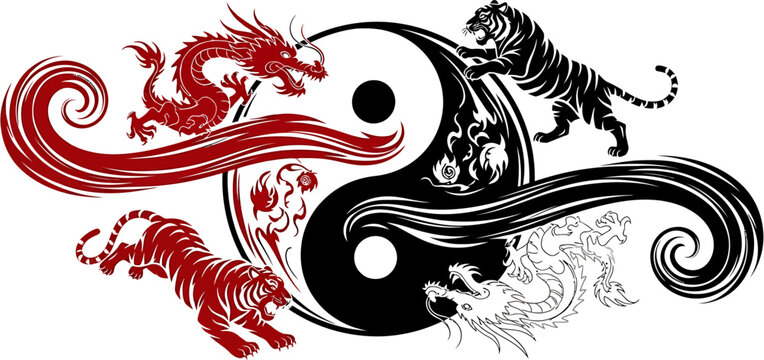 A spiritual Yin Yang symbol featuring the eternal struggle and balance between a celestial dragon and a powerful tiger