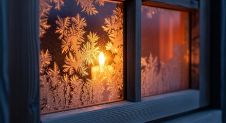 Fototapeta premium Close Up of Frosted Window Pane with Intricate Ice Crystals and Warm Glow Inside
