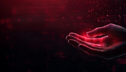 A digital holographic hand formed by glowing dots and lines reaches out against a dark, red-toned background filled with binary code and abstract data elements.