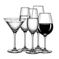 Detailed illustration of various stemmed glasses, some containing liquid, arranged together.