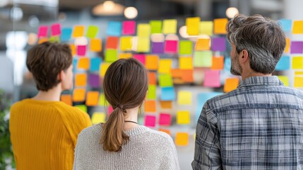 Group of Adults Engaged in Brainstorming Session with Colorful Sticky Notes in Modern Workspace