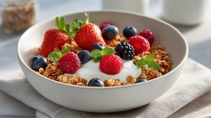 Colorful Breakfast Bowl Featuring Granola, Yogurt, and Fresh Berries on a Soft Linen Background