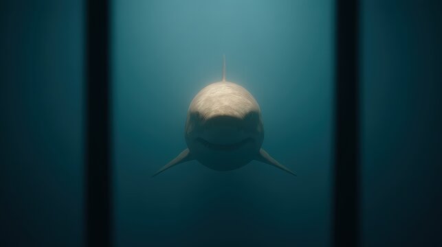Backlit shark approaching with glowing cage bars, Shark Cage Diving