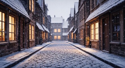 Cobblestone Street with Stone Buildings during Snowfall and Warm Lighting at Twilight