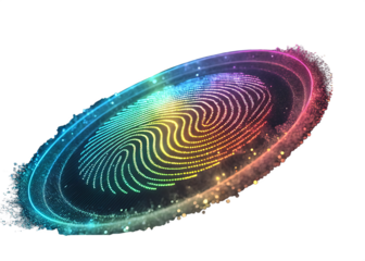 Abstract rainbow fingerprint with glowing aura and particles isolated on black background isolated on white background isolated on transparent background