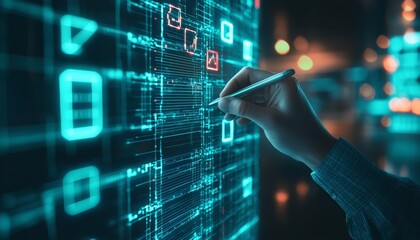 A hand interacts with a futuristic digital interface displaying complex data and glowing blue holographic elements in a dark, tech-driven environment.