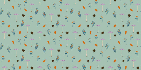 Mushrooms, plants, flowers, and leaves. Forest wallpaper background. Mint green seamless pattern. Botanical autumn boho print.