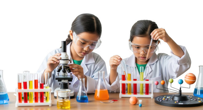 Young girls conducting science experiments with microscope and test tubes in laboratory isolated on transparent background