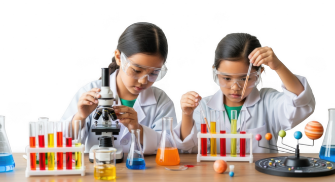Young girls conducting science experiments with microscope and test tubes in laboratory isolated on transparent background