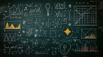 Dark Chalkboard Filled with Hand-Drawn Charts, Graphs, and Geometric Diagrams

