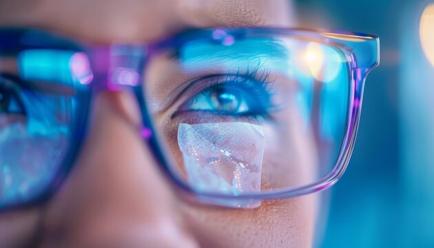 Close-up of a blue eye seen through transparent glasses with digital reflections, highlighting technology and futuristic elements. - Powered by Adobe