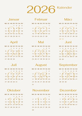 German 2026 calendar template single vertical page with 12 month in golden elegant style. Wall, desk Kalender Jahresplaner.