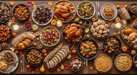 Fototapeta premium Traditional festive Thanksgiving turkey dinner. Top view table scene on a brown wood banner background. Turkey, mashed potatoes, dressing, pumpkin pie and sides. 