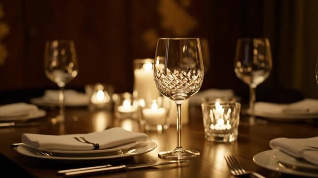 Slow tilt-down from a blurred ceiling light to a perfectly arranged dinner table setting with candles and wine glasses. Gourmet dining mood.