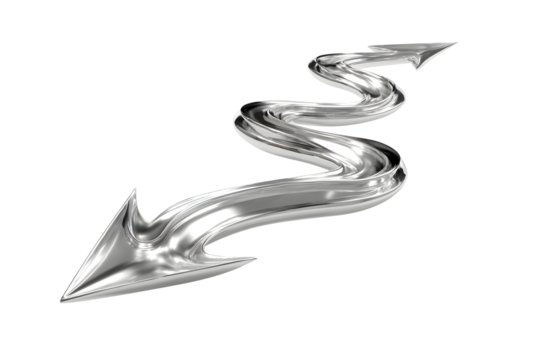 Shiny silver arrow in abstract winding form for modern design concepts