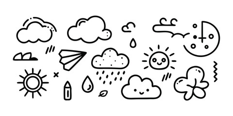 Cute doodle weather icons sun clouds rain moon airplane drawing elements collection
