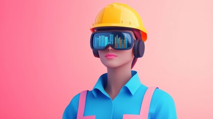 A futuristic female construction worker wearing a yellow hard hat and VR goggles displaying digital data, set against a pink background.