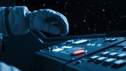 Astronaut presses a red launch button on a futuristic control panel. Close-up of a gloved hand in a spacecraft cockpit. Science fiction and space exploration concept - Powered by Adobe