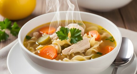 Hot Chicken Noodle Soup with Vegetables and Fresh Parsley Garnish