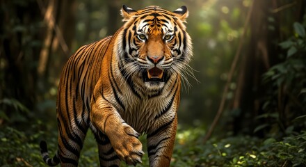 Majestic Bengal Tiger Walking Through Dense Forest