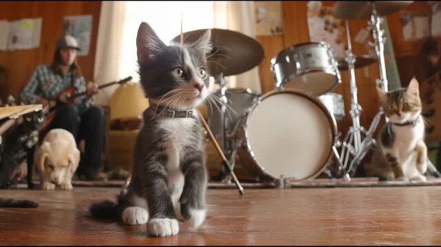 Playful kitten and puppy in a lively indoor music jam session