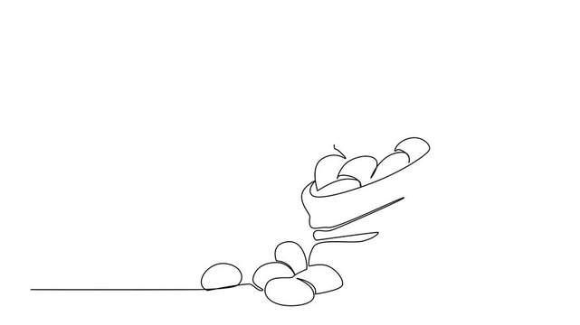Animation of single continuous line drawing potatoes in small burlap sacks and some potatoes scattered around. The month of abundant harvest. International Day of the Potato. Full length motion