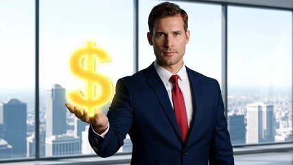 Businessman holding a glowing dollar sign symbol. Professional executive in a modern office. Finance, investment, and business success concept - Powered by Adobe