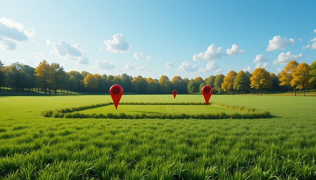 Vast green field with red location markers under clear blue sky surrounded by autumn trees