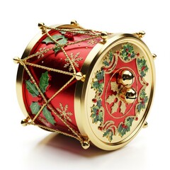 Naklejka premium Festive Red and Gold Christmas Drum Ornament Decoration on White Background