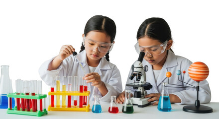 Two young girls conducting science experiments with lab equipment and chemicals isolated on transparent background