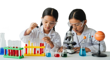 Two young girls conducting science experiments with lab equipment and chemicals isolated on transparent background